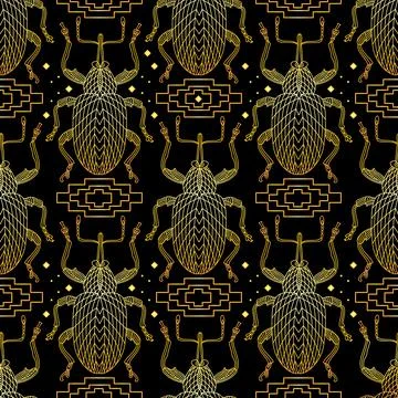 Seamless pattern with golden beetles and square ornaments in Greek style. Stock Illustration