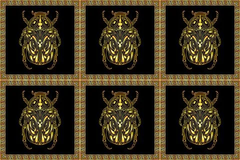 Seamless pattern with golden beetles in a rectangular ornament in the Greek Illustrazione stock