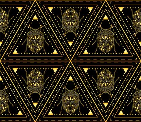 Seamless pattern with golden beetles in a triangular ornament Stock Illustration