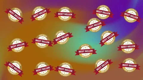 Seamless Pattern of Golden Best Seller Badges with Red Ribbons on Purple Stock Footage 345539146