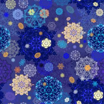 Seamless pattern with golden, blue, white snowflakes and blue background. Stock Illustration