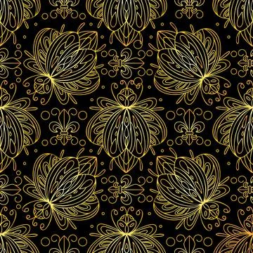 Seamless pattern of golden bugs and Florentine lilies. Stock Illustration