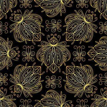 Seamless pattern of golden bugs and Florentine lilies. Stock Illustration