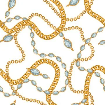 Seamless pattern with golden chains and gem stones. Stock Illustration