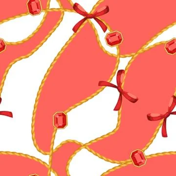 Seamless pattern with golden chains and gem stones. Stock Illustration