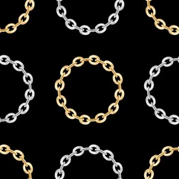 Seamless pattern of golden chains with circle shape on black background. Stock Illustration