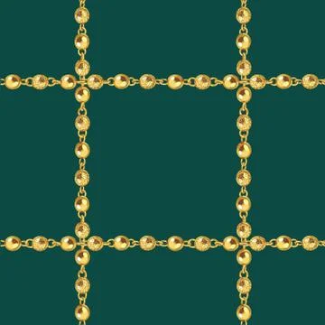 Seamless pattern of golden chains on green background. Stock Illustration