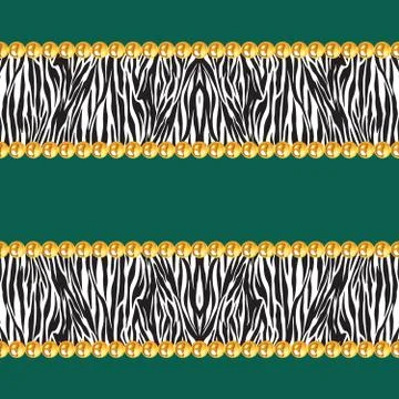 Seamless pattern of golden chains on green background with zebra skin. Stock Illustration