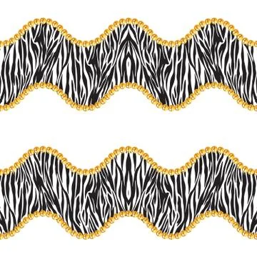Seamless pattern of golden chains on white background with zebra skin. Stock Illustration