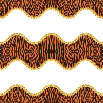 Seamless pattern of golden chains on white background with zebra skin. Stock Illustration