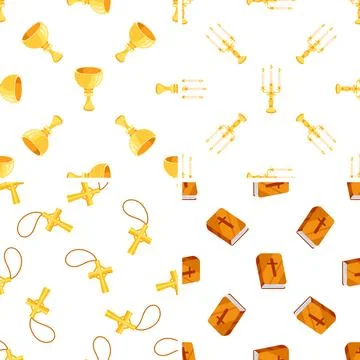 Seamless pattern with golden chalice, candlestick, cross and bible celebrating Stock Illustration