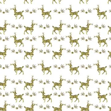 A seamless pattern, golden Christmas deer and a golden twig with balls on a w Stock Illustration