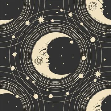 Seamless pattern with golden crescent moon with face on black background, gal Stock Illustration
