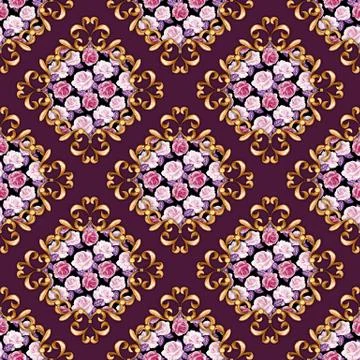 Seamless pattern with golden curls and roses Stock Illustration