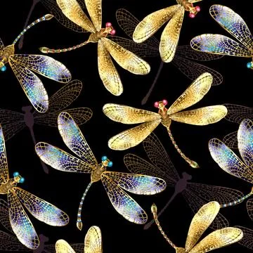 Seamless pattern with golden dragonflies Illustrazione stock