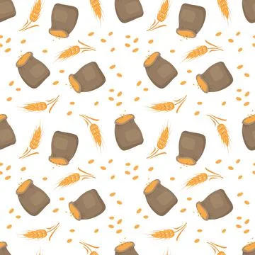 Seamless pattern with golden ear of wheat and sack on white background. Stock Illustration