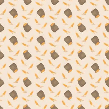Seamless pattern with golden ear of wheat and sack on background. イラスト素材