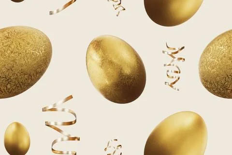 A seamless pattern with golden eggs and ribbons. The scene captures element.. Stock Photos