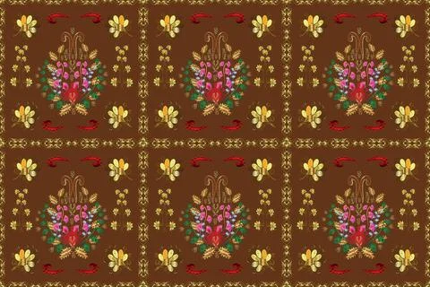 Seamless pattern golden elements. Royal retro on brown, green and yellow colors. イラスト素材