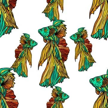 Seamless pattern with golden fishes on white background. Stock Illustration