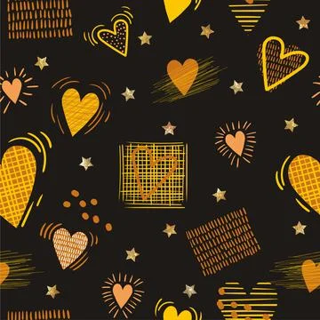 Seamless pattern with golden glowing hearts. Creative love texture. Vector Illustrazione stock