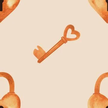 Seamless pattern with golden heart-shaped locks and keys. Watercolor Stock Illustration