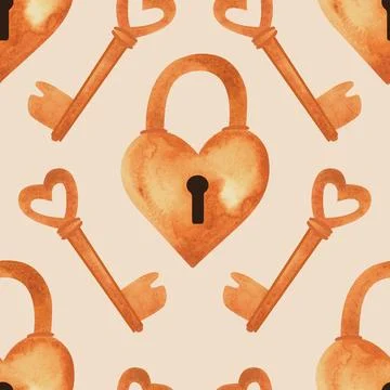 Seamless pattern with golden heart-shaped locks and keys. Watercolor Stock Illustration