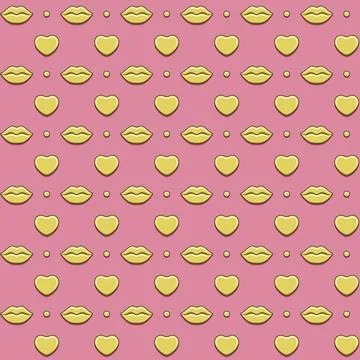 Seamless pattern with golden lips and hearts on pink background Illustrazione stock