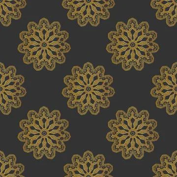Seamless pattern of golden mandalas on dark gray background Stock Illustration