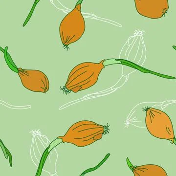 Seamless pattern with golden onion sprouting on a white background. vector il Stock Illustration