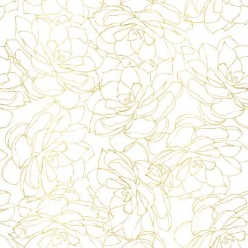 Seamless pattern with golden outlined succulent flowers on white background Stock Illustration