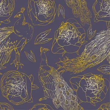 Seamless pattern with golden peacock and roses, peonies, leaves on dusty viol Stock Illustration