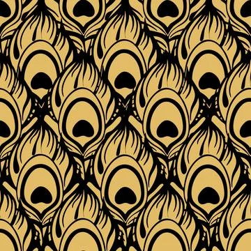 Seamless pattern golden peacock feather with black outline, texture, design Stock Illustration