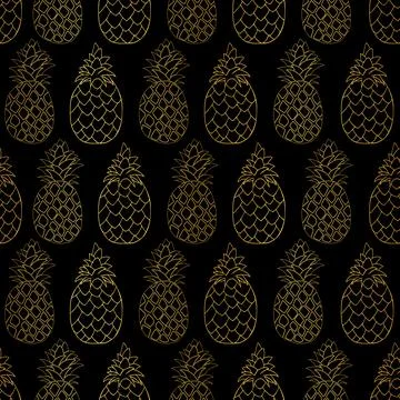Seamless pattern with golden pineapple on black background Stock Illustration