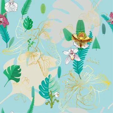 Seamless pattern with golden, pink and white flowers orchids and green tropic Stock Illustration