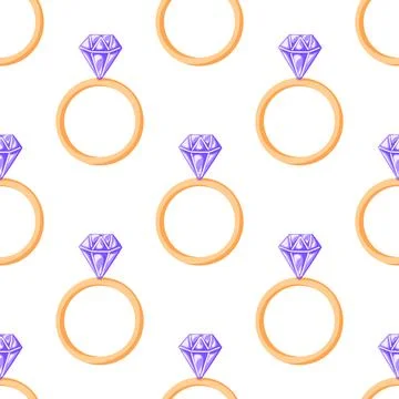 Seamless pattern with golden ring and purple diamond on a white background in Illustrazione stock