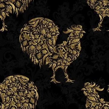 Seamless pattern with golden rooster on black background. 2017 new symbol Иллюстрация
