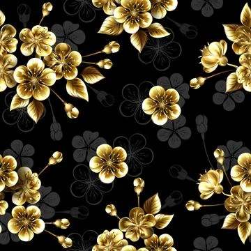Seamless pattern with golden sakura Stock Illustration