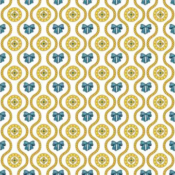 Seamless pattern with golden silk cords, bows and medallions. Illustrazione stock