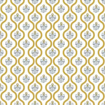 Seamless pattern with golden silk cords, bows and medallions. Illustrazione stock