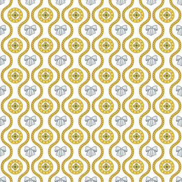 Seamless pattern with golden silk cords, bows and medallions. Illustrazione stock