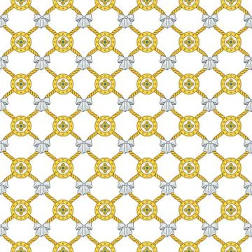 Seamless pattern with golden silk cords, bows and medallions. 스톡 일러스트