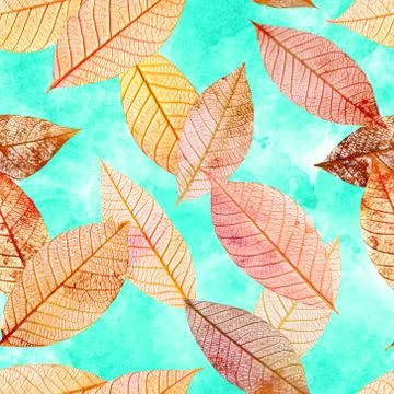 Seamless pattern of golden skeleton leaves on teal Stock Illustration