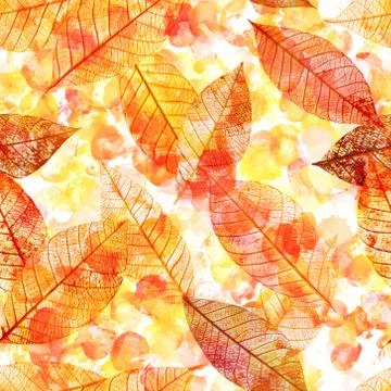 Seamless pattern of golden skeleton leaves on watercolor texture Illustrazione stock