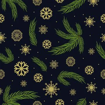 Seamless pattern with golden snowflake and branch Stock Illustration