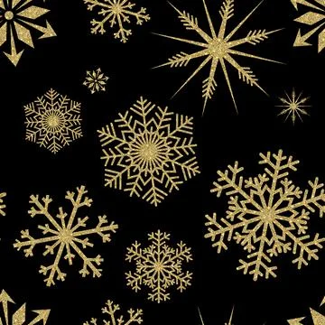 Seamless pattern of golden snowflakes on a black background Stock Illustration