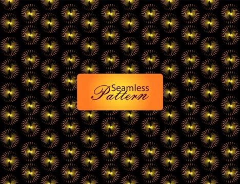 Seamless pattern with golden spiral sun shapes on black background for luxu.. Stock Illustration