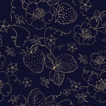 Seamless pattern of golden strawberry on dark background. Stock Illustration