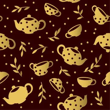 Seamless pattern with golden teapots and cups. Vector template. Stock Illustration