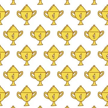 Seamless Pattern of Golden trophy Cups with Number One on White Background. C Stock Illustration